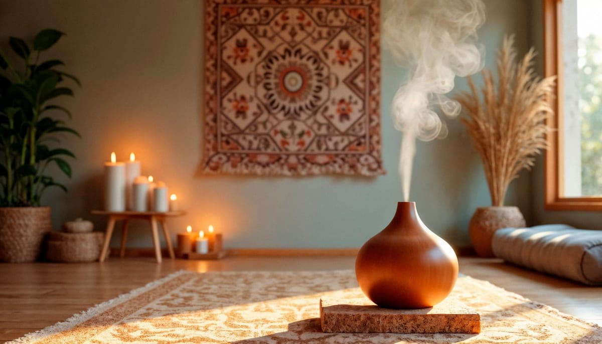 A diffuser and candles in a warm room